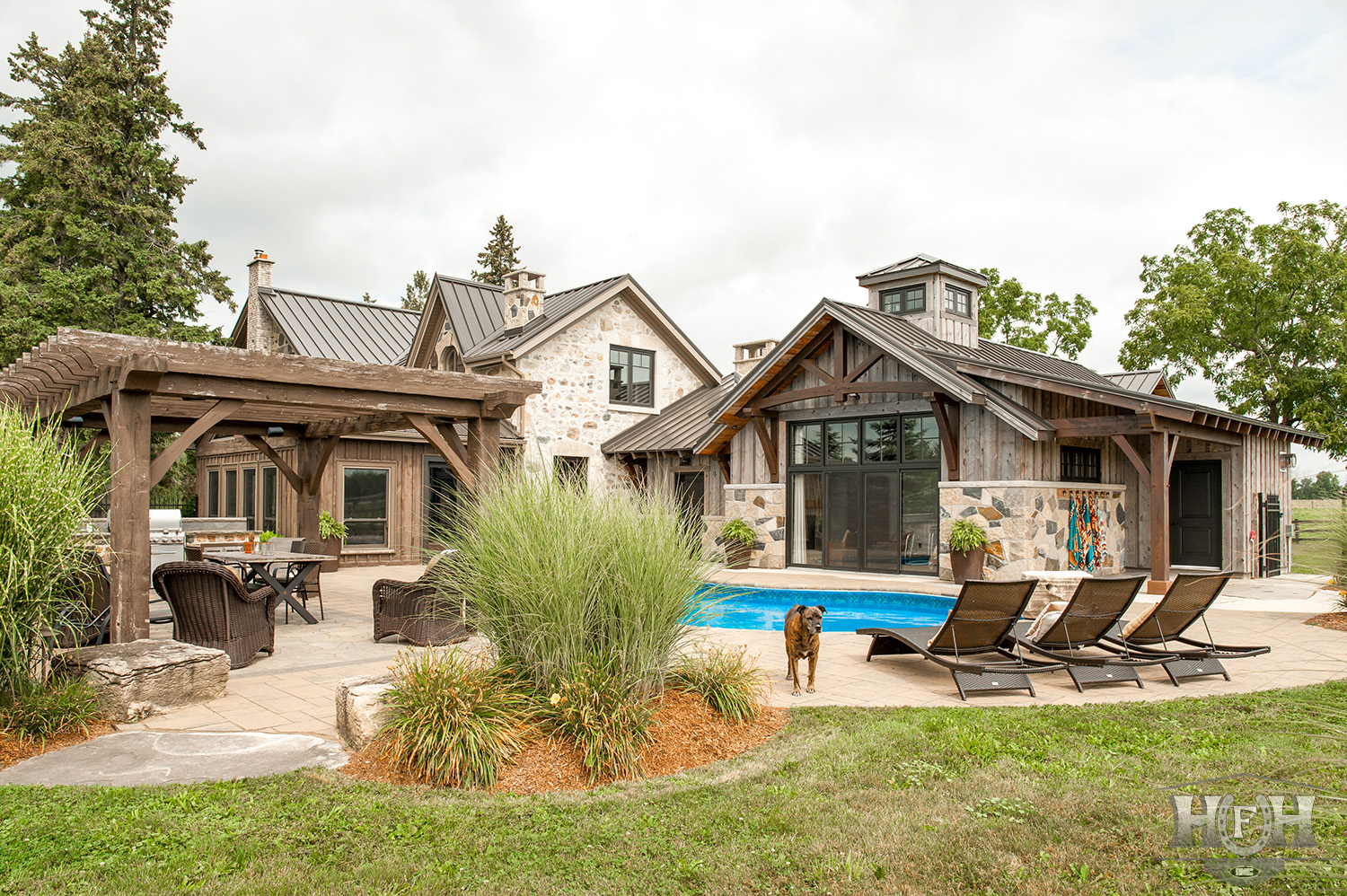 Exterior back yard image of house and pool and dog