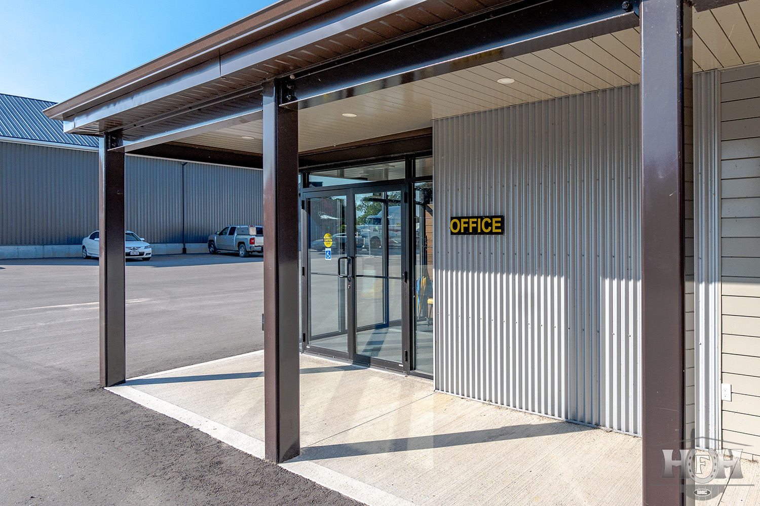 Commercial building entrance with sign